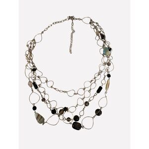 3 Strand Necklace Silver Tone Black Gray Beads Open Links Whimsigoth Coquette